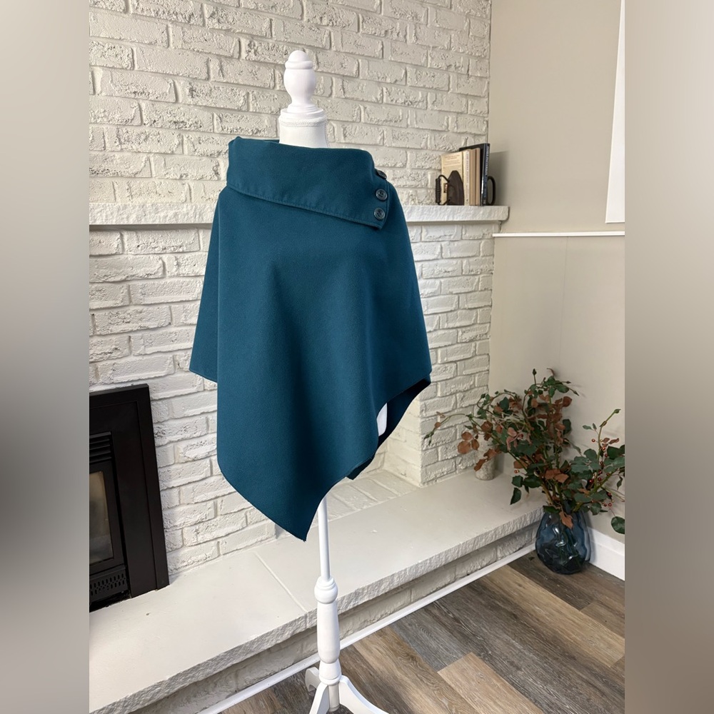 Minimalist Asymmetric Funnel Neck Tonal Button Wool Blend Cape Poncho Teal O/S